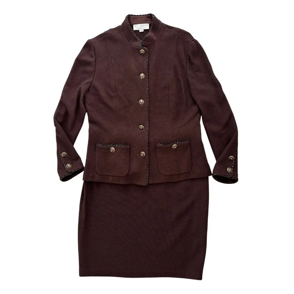 ST. JOHN COLLECTION Santana Knit Skirt Suit in Chocolate Brown SZ 14